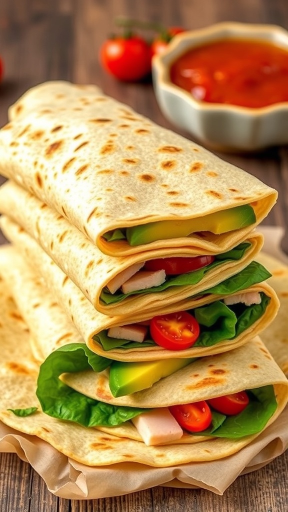 A stack of zero carb tortilla wraps filled with turkey, spinach, and avocado on a wooden table with salsa.